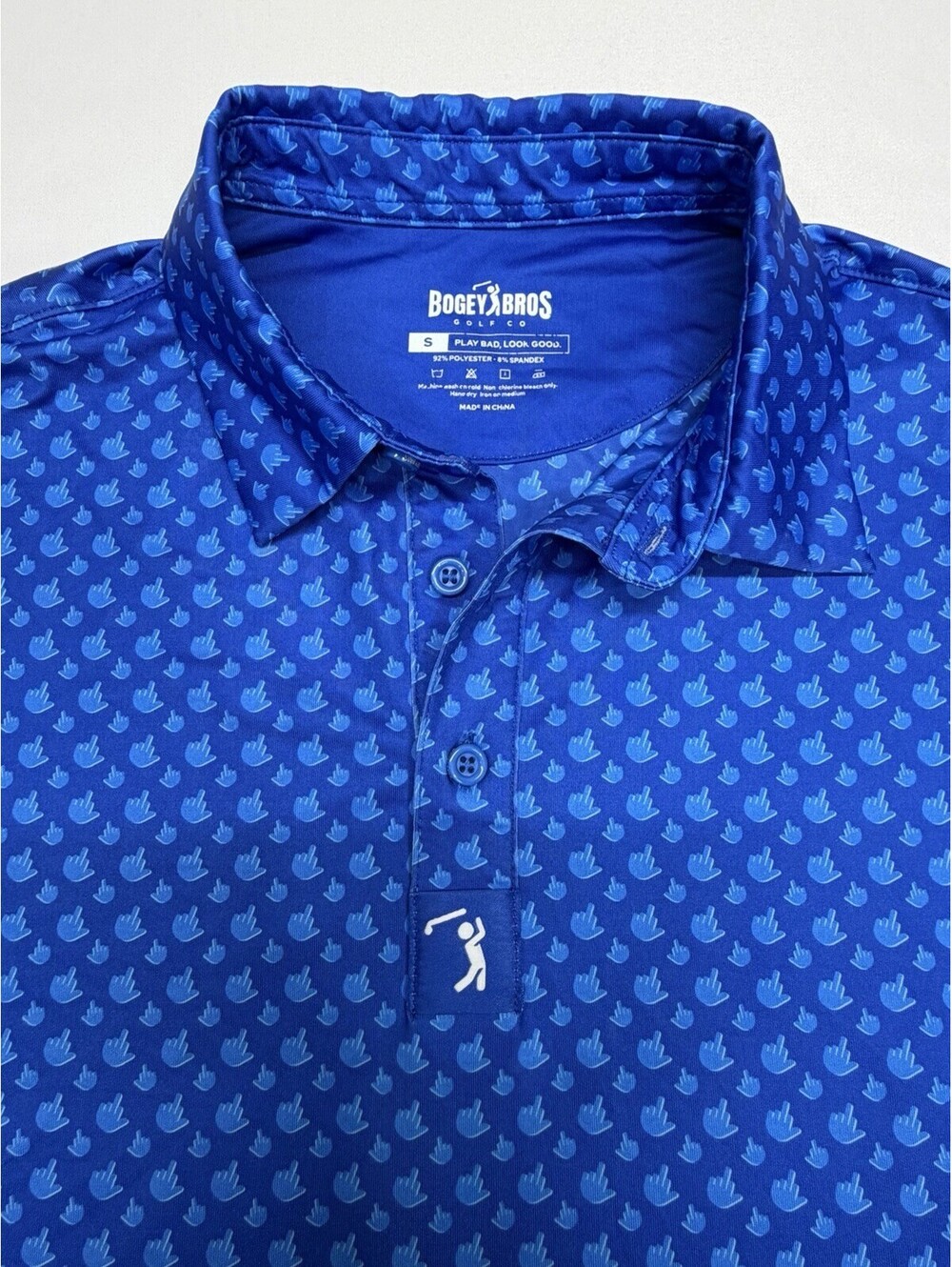 Bogey Bros Golf Polo Small Birdie Middle Finger Blue Short Sleeve Stretch